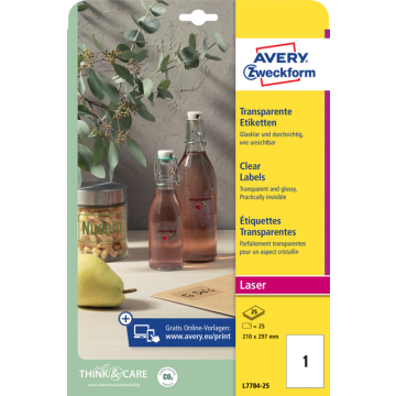 Etiket Avery Zweckform L7784-25 210x297mm transparant 25stuks
