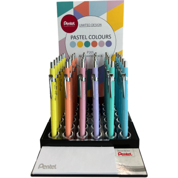 Pentel vulpotlood voor potloodstiften: 0,5 mm, display van 36 stuks in geassorteerde pastel kleuren