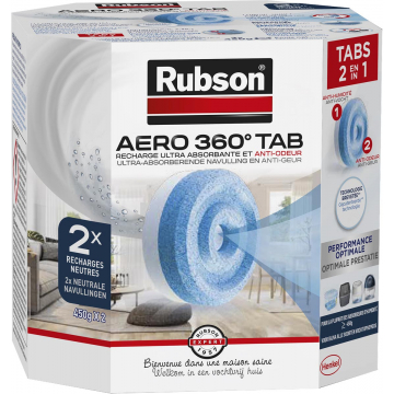Rubson navulling voor ontvochtiger AERO 360, doos van 2 tabs van 450 gram, neutraal