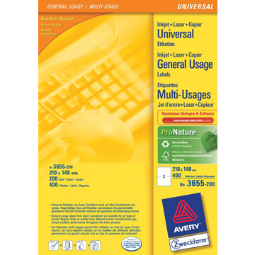 Avery Zweckform 3655-2, étiquettes universelles, Ultragrip, blanc, 200 feuilles, ft 210 x 148 mm