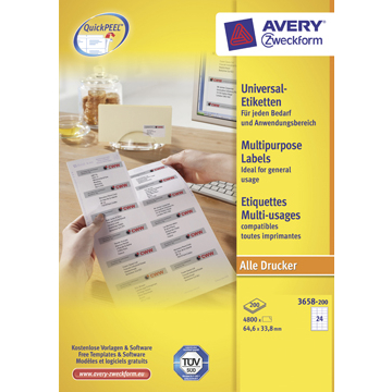 Avery Zweckform 3658-2, étiquettes universelles, Ultragrip, blanc, 200 feuilles, 64,6 x 33,8 mm
