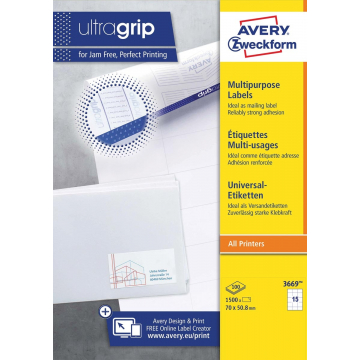Avery Zweckform 3669, Universele etiketten, Ultragrip, wit, 100 vellen, 15 per vel, ft 70 x 50,8 mm