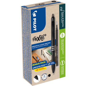 Pilot FriXion Ball Plus roller, medium, zwart, doos van 10 stuks + 10 navullingen