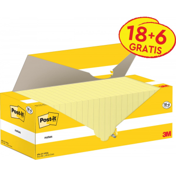 Post-it Notes, 100 vel, ft 76 x 76 mm, kanariegeel (canary yellow), 18 blokken + 6 GRATIS