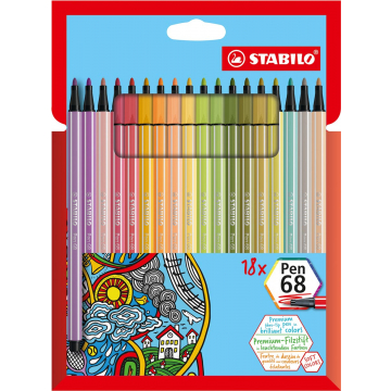 STABILO Pen 68 viltstift, kartonnen etui van 18 stuks in geassorteerde zachte kleuren
