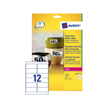 Etiket Avery L4776-20 99.1x42.3mm polyester wit 240stuks