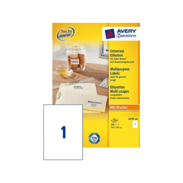 Etiquette Avery 3478-200 210x297mm A4 blanc 200 pièces