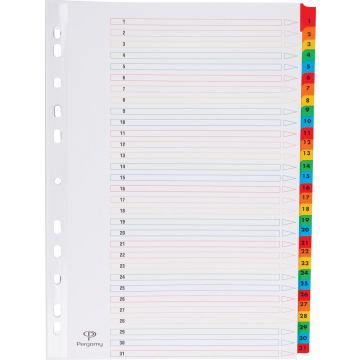 Pergamy tabbladen met indexblad, ft A4, 11-gaatsperforatie, geassorteerde kleuren, set 1-31