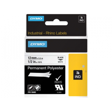 Labeltape Dymo Rhino 18483 polyester 12mm x5.5m zwart op wt