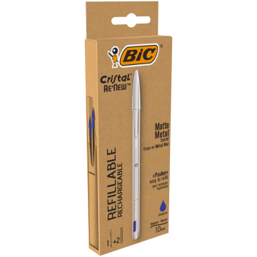 Bic balpen Cristal Re-new, zilveren lichaam, blauwe inkt, doos met 1 stuk en 2 navullingen