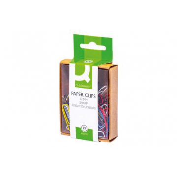 Q-CONNECT papierklemmen, 32 mm, doos van 75 stuks, ophangbaar, geassorteerde kleuren.