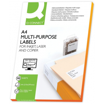 Q-CONNECT etiketten, wit, rechte hoeken, 210 x 297 mm, 100 vel, 1 etiket per vel
