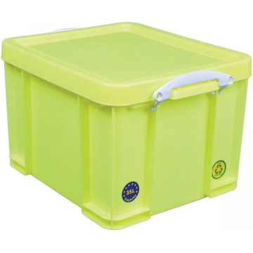 Really Useful Box opbergdoos 35 liter, neon geel met witte handvaten