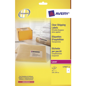 Avery L7567-25 étiquettes d'expédition ft 210 x 297 mm (b x h), 25 étiquettes, transparent