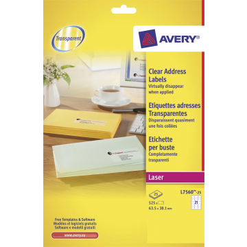 Avery transparante etiketten QuickPEEL ft 63,5 x 38,1 mm (b x h), 525 stuks, 21 per blad