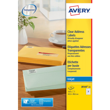 Avery transparante etiketten QuickPEEL ft 63,5 x 38,1 mm (b x h), 525 stuks, 21 per blad