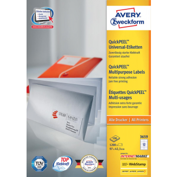 Avery witte etiketten QuickPeel Ft 97 x 42,3 mm (b x h), 1.200 stuks, 12 per blad, doos van 100 blad