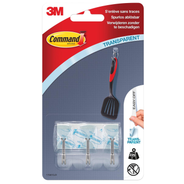 Command crochet, small, capacité 225 g, transparent avec pointe en métal, blister de 3 pièces
