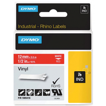 Dymo RHINO ruban vinyl 12 mm, blanc sur rouge