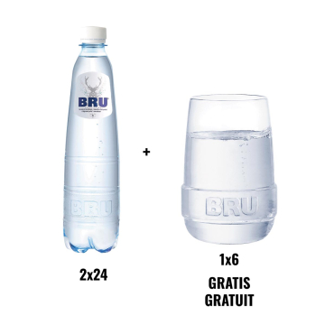 ACTION BRU: 2 x Bru eau légèrement pétillante, 50 cl, paquet de 24 pièces + 1 x verres Bru 6 pièces