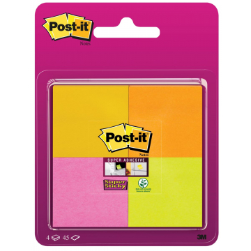Post-It Super Sticky notes, 45 feuilles, ft 47,6 x 47,6 mm, blister de 4 blocs en couleurs assorties