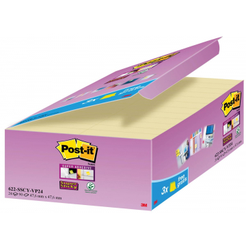 Post-it Super Sticky notes, 90 feuilles, ft 47,6 x 47,6 mm, jaune, paquet de 21 + 3 GRATUIT
