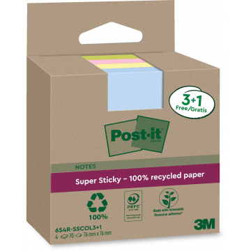 Post-it Super Sticky Notes Recycled, 70 vel, ft 76 x 76 mm, assorti, 3 + 1 GRATIS