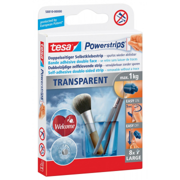 Tesa Powerstrips Transparent, charge maximum de 1 kg, transparent, blister de 8 pièces