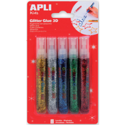 Apli Kids colle paillettée, blister de 5 tubes de 13 ml en couleurs métalliques assorties