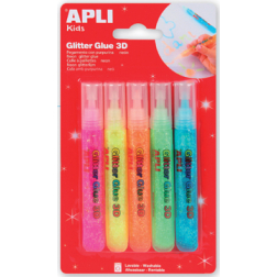 Apli Kids colle paillettée, blister de 5 tubes de 13 ml en couleurs fluorescentes assorties