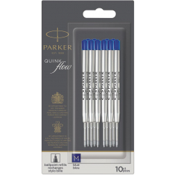 Parker Quinkflow recharge pour stylo bille, pointe moyenne, bleu, blister de 10 pièces