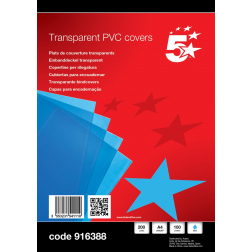 5 Star couvertures ft A4, 200 micron, en PVC transparente, bleu, paquet de 100 pièces