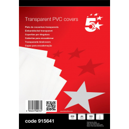 5 Star couvertures ft A4, 250 micron, en PVC transparente, paquet de 100 pièces