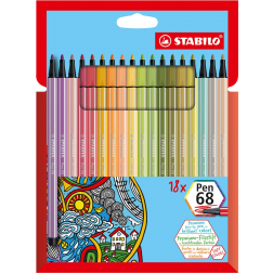 STABILO Pen 68 feutre, étui en carton de 18 pièces en couleurs douces assorties