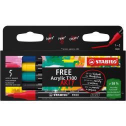 STABILO free marqueur acrylique T100 Royal, pointe ronde, 1-2 mm, couleurs assorties, paquet de 5 pièces