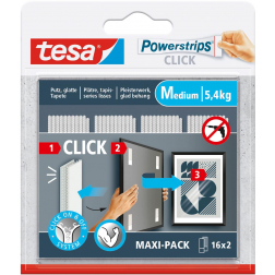 Tesa Powerstrips Click Medium, charge maximum de 1 kg, blister de 2 x 16 pièces