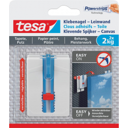 Tesa Clou adhésif Toile, supporte 2 kg, papier peint et plâtre, blanc, 2 clous et 6 languettes