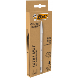 Bic stylo à bille Cristal Re-new, corps argent, encre noir, boîte de 1 pièce et 2 recharges