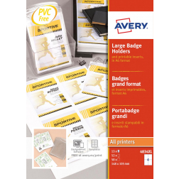 Avery badge grand format, ft 10,5 x 14,8 cm, inserts inclus, boîte de 50 pièces