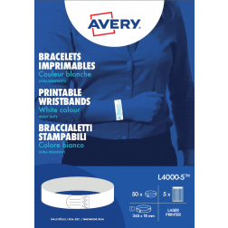 Avery bracelets imprimables, ft 18 x 265 mm, blanc, paquet de 50 étiquettes
