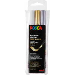 Posca paintmarker PCF-350, pointe pinceau, étui de 3 pièces, assorti (or, argent et blanc)