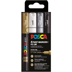 Uni POSCA marqueur peinture PC-1MC, 0,7 - 1 mm, étui de 4 pièces, or, argent, blanc et noir