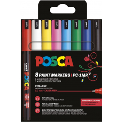 Uni POSCA marqueur peinture PC-1MR, 0,7 mm, étui de 8 pièces en couleurs de base assorties