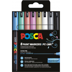 Uni POSCA marqueur peinture PC-1MR, 0,7 mm, étui de 8 pièces en couleurs métaliques assorties