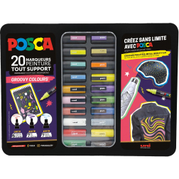 Posca marqueur peinture, boîte en métal de 20 pièces, assorti, dessin Groovy Colours