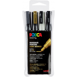 Uni POSCA marqueur peinture PC-3M, 1,5 mm, étui de 4 marqueurs en blanc, noir, argent et or