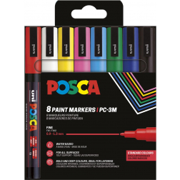 Uni POSCA marqueur peinture PC-3M, 1,5 mm, étui de 8 pièces en couleurs de base assorties