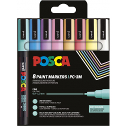 Uni POSCA marqueur peinture PC-3M, 1,5 mm, étui de 8 pièces en couleurs assorties douces