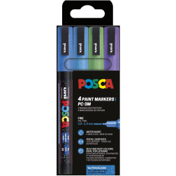Uni POSCA marqueur peinture PC-3ML, 1,5 mm, pailletté, étui 4 pièces bleu foncé et clair, vert et violet