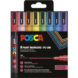 Uni POSCA marqueur peinture PC-3ML, 1,5 mm, pailletté, étui de 8 pièces en couleus assorties